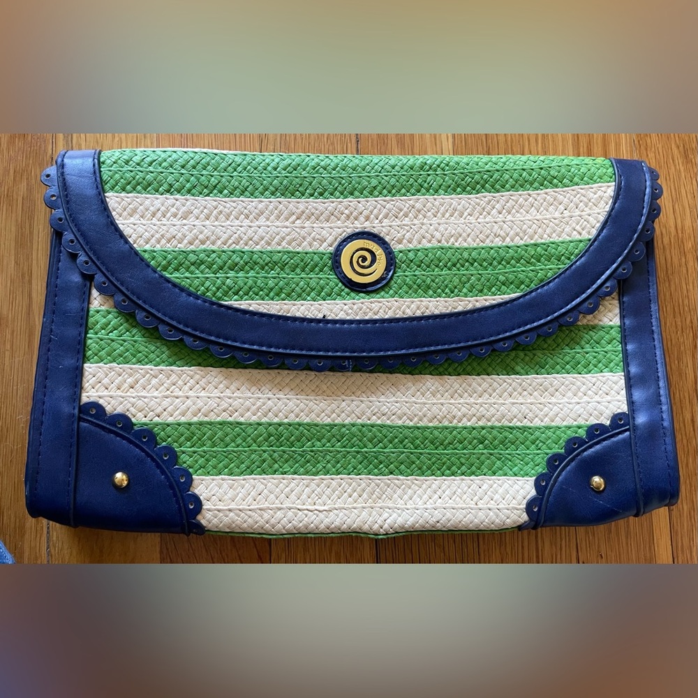 MUDPIE MUD PIE blue green beige straw faux leather clutch purse bag